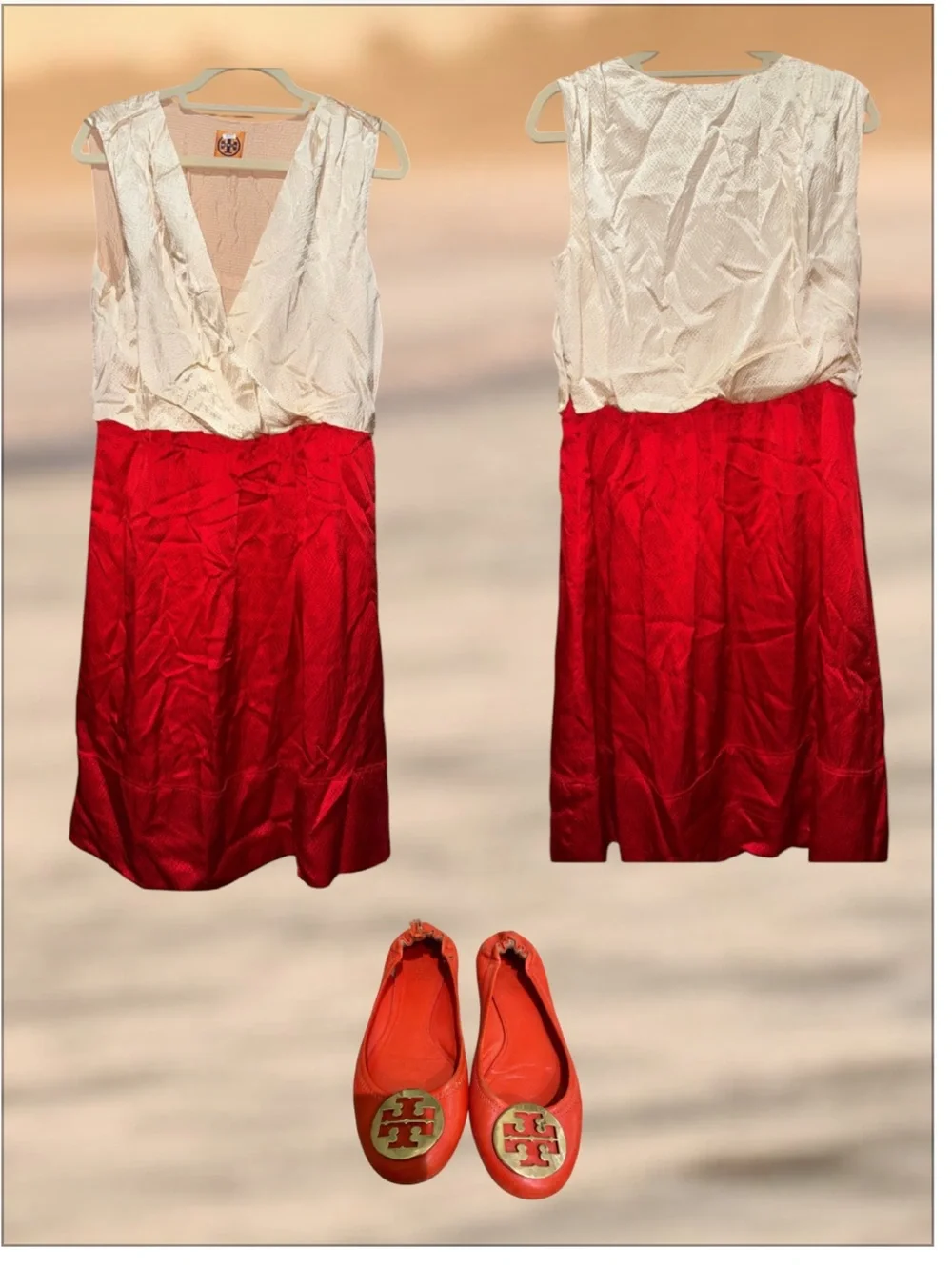 Tory Burch Ivory And Red Silk Dress with Orange Logo Tag - Picture 3 of 3